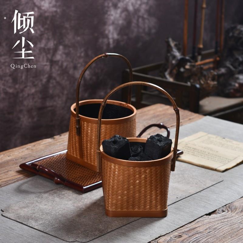 实心竹鞭提手竹编席面碳篓竹炭钵炭筐提篮茶室收纳篮复古不掉渣