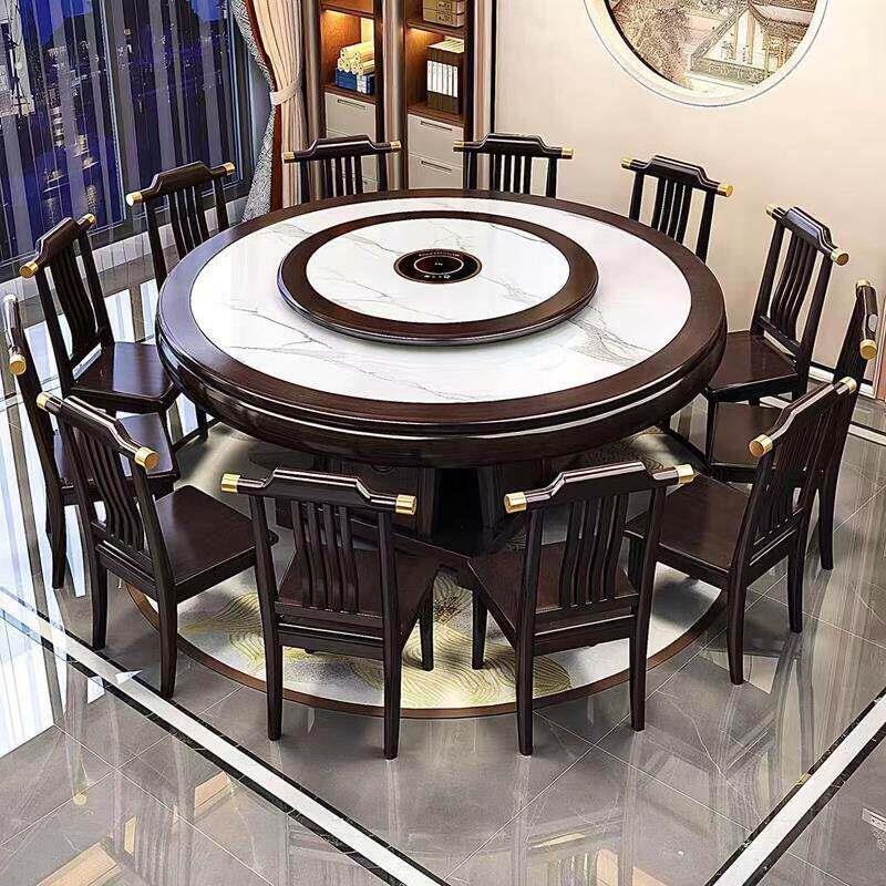 中式实木内嵌岩板餐桌家用餐桌椅组合电磁炉转盘饭店饭桌圆桌酒店