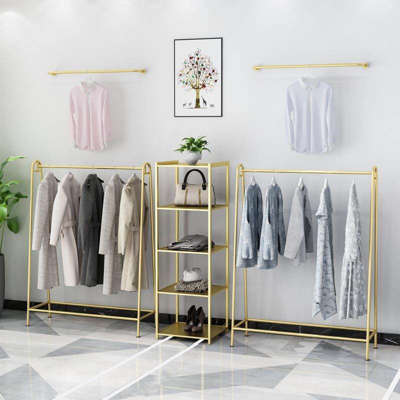 北欧服装店专用展示架金色落地式男女衣服货架中岛铁艺上墙挂衣架
