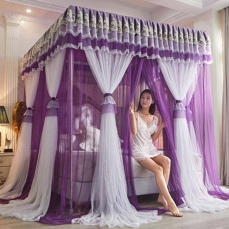 方顶三开门蚊帐落地双层纱宫廷蚊帐加密不锈钢落地特加粗公主蚊帐