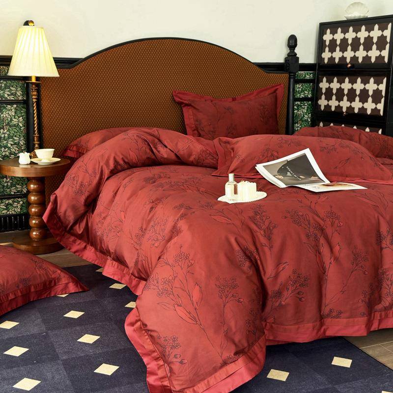 中式复古婚庆四件套140支长绒棉贡缎被套红色新婚房床品4