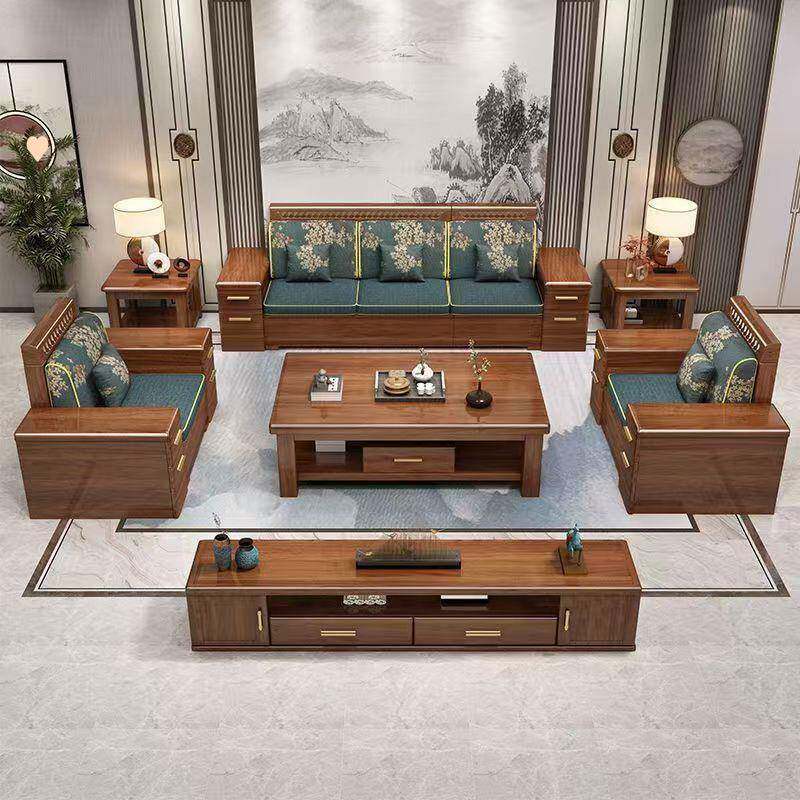 金丝胡桃木实木沙发组合现代中式家用客厅小户型冬夏两用储物家具