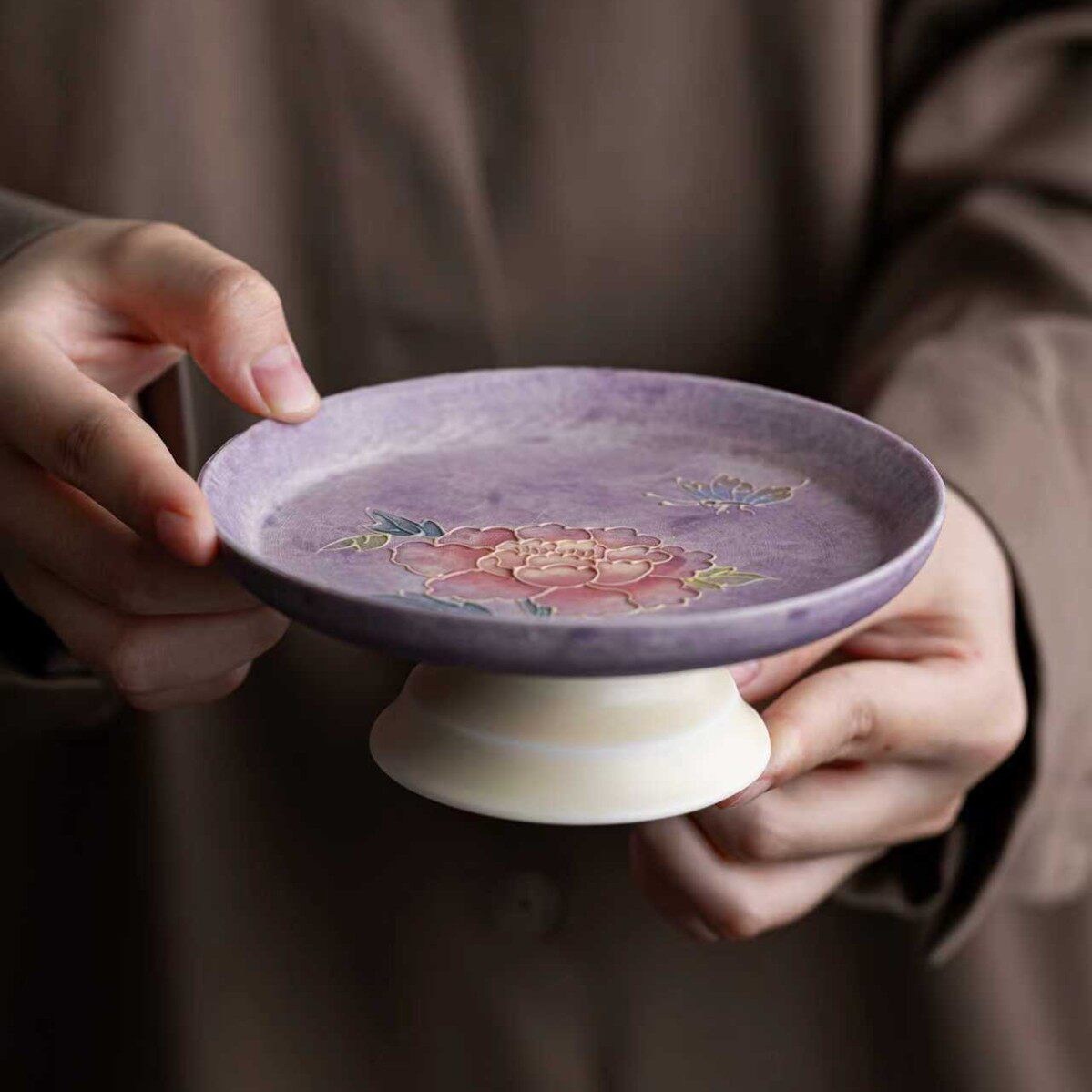 手绘立体紫烟牡丹高足果盘家用客厅茶具配件创意高档办公室小茶盘