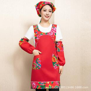 中国风帆布围裙家用厨房餐饮专用服务员花布做饭围腰复古工作服女