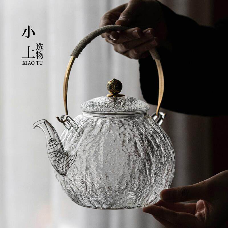 Ψ铜把手提梁壶可加热玻璃烧水壶泡茶电陶炉耐高温玻璃壶煮茶壶