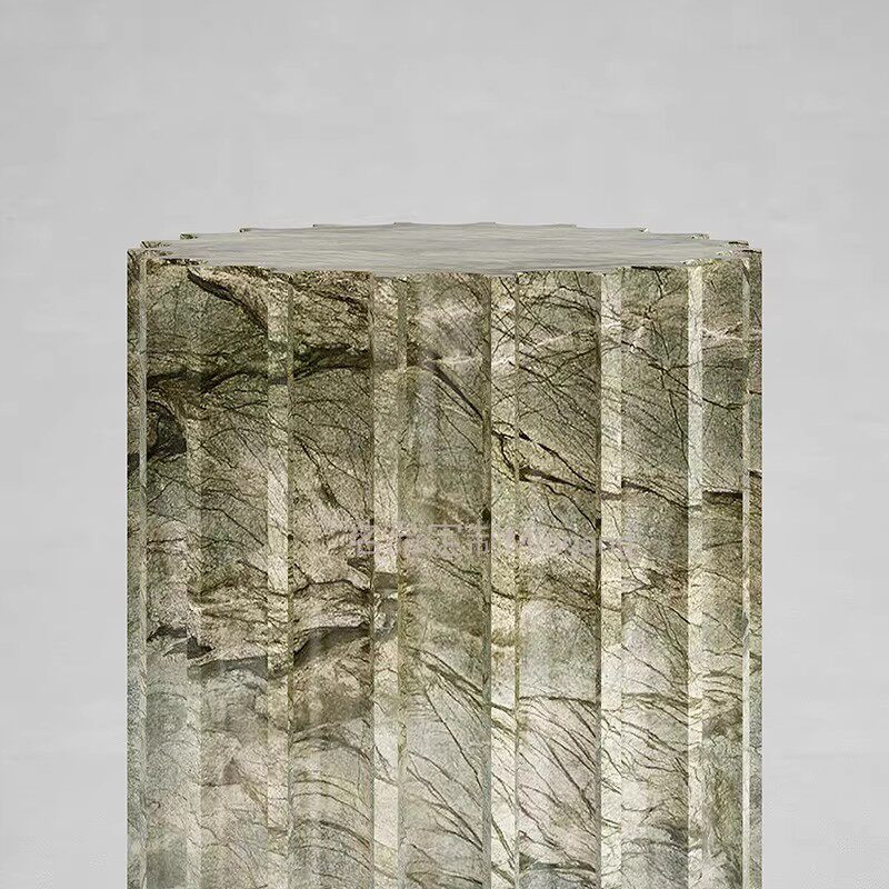 复古风天然绿色大理石圆柱墩玄关雕塑花盆摆件底座展示台家用边几