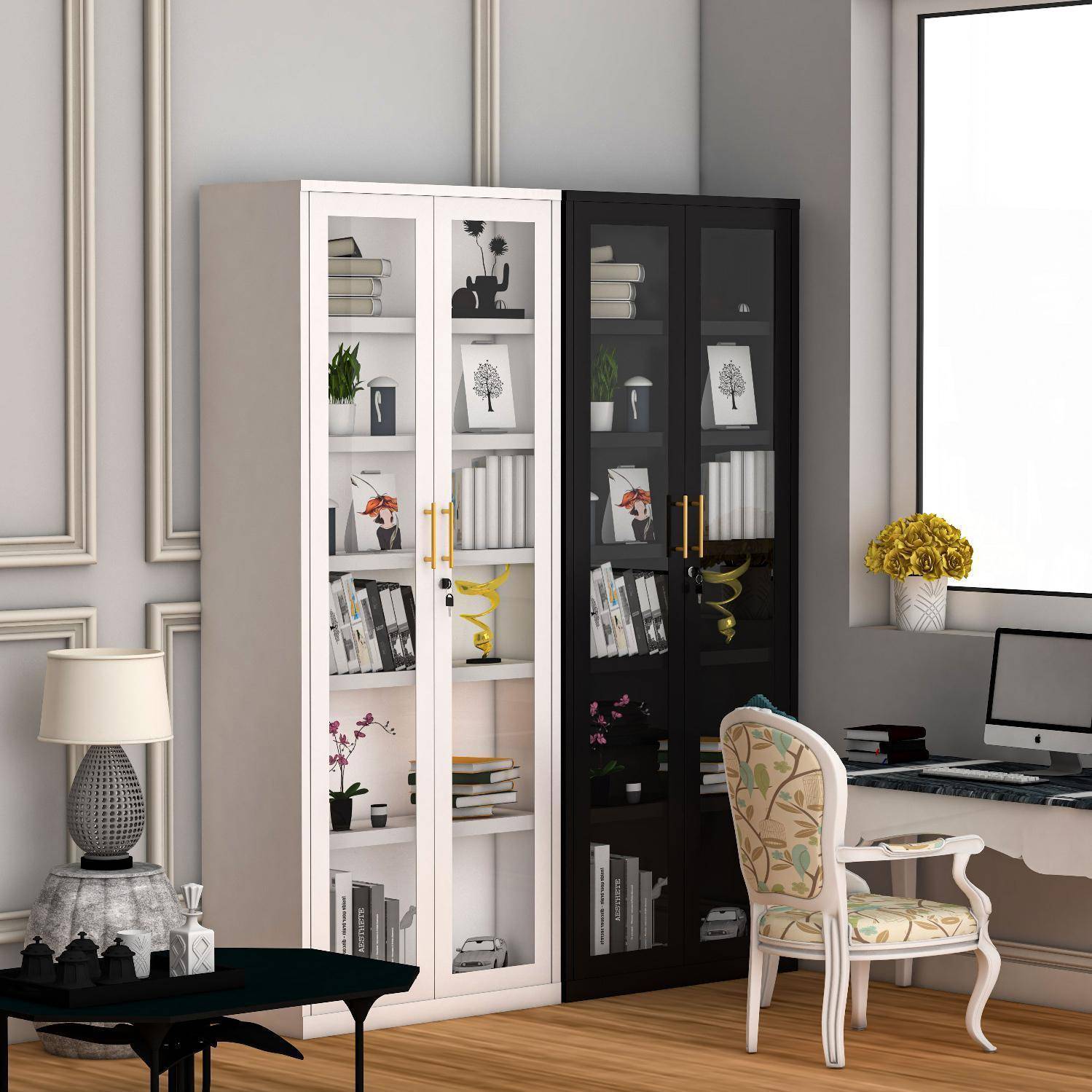 北欧书柜玻璃门置物柜家用客厅储物柜落地展示柜带锁铁艺防尘书架