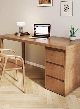严选实木电脑桌带抽屉收纳柜子书桌一体简约靠墙卧室办公双人桌子