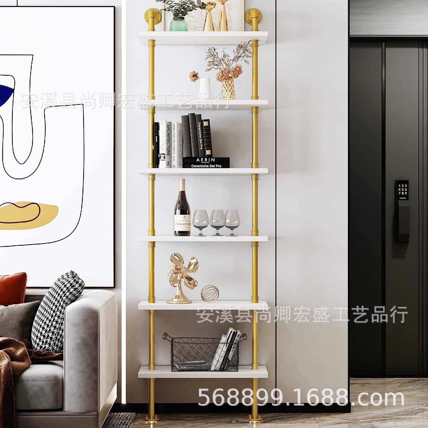 复古工业风水管墙上置物架六层金色实木客厅书架壁挂搁板落地层架