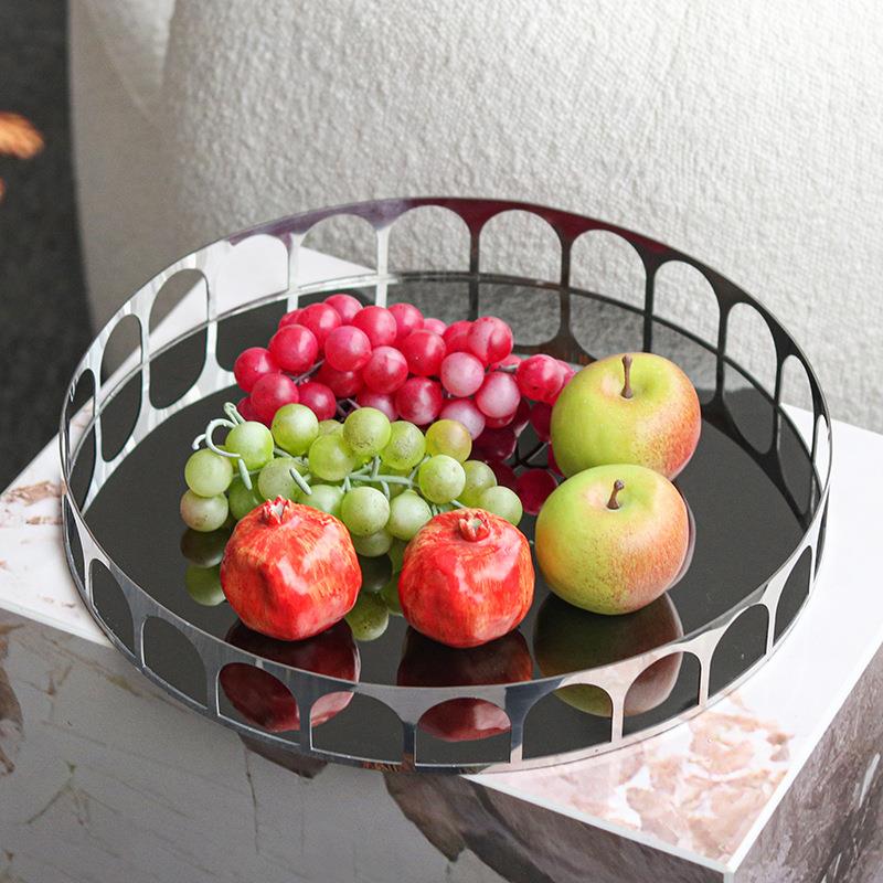 北欧风创意圆形金属托盘摆件轻奢样板间客厅茶几餐桌水果盘装饰品