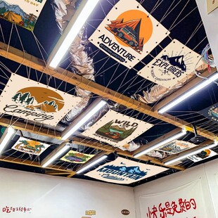 露营风天幕挂布方形火锅烧烤店天花板顶部装饰氛围挂布小酒馆吊幔