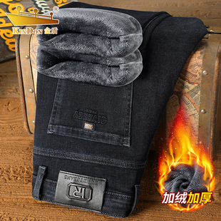 金盾冬季新款加绒加厚男士牛仔裤商务休闲百搭直筒宽松保暖男裤子