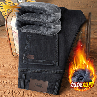金盾秋冬加厚加绒男士牛仔裤2025新款直筒宽松商务中年保暖长裤子