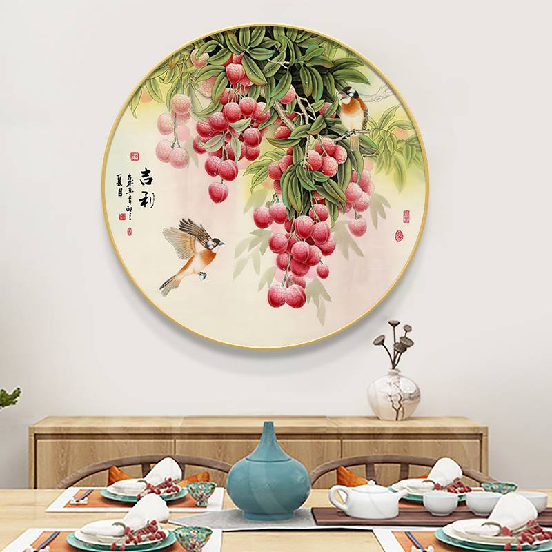 紫气东来入户玄关装饰画新中式走廊过道圆形挂画葡萄水果饭厅壁画图片