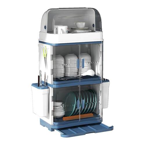 家用厨房碗筷置物架大号双层碗碟沥水餐具收纳盒多层翻盖塑料碗柜