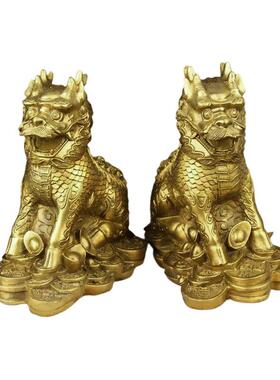 纯黄铜护宝麒麟摆件一对小号铜麒麟开业家居客厅店铺办公室装饰品