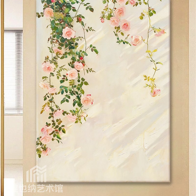 奶油风粉色玫瑰纯手绘油画莫奈印象派客厅装饰画抽象走廊玄关挂画