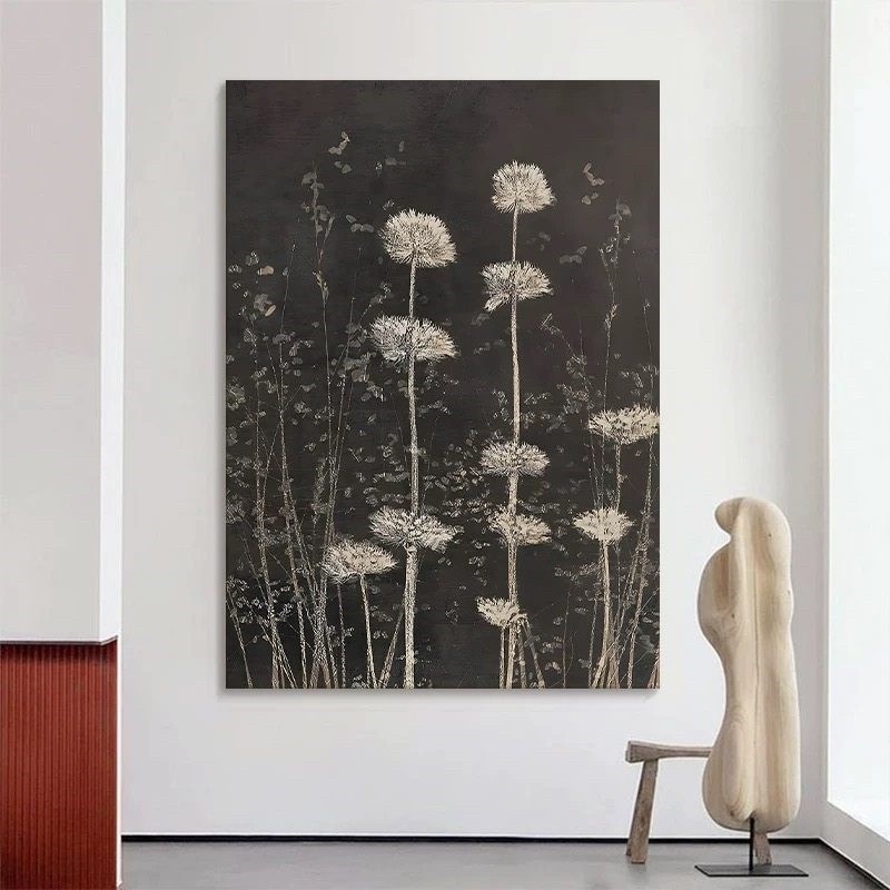 手绘高级油画侘寂风玄关装饰画蒲公英中古风客厅抽象景物挂画