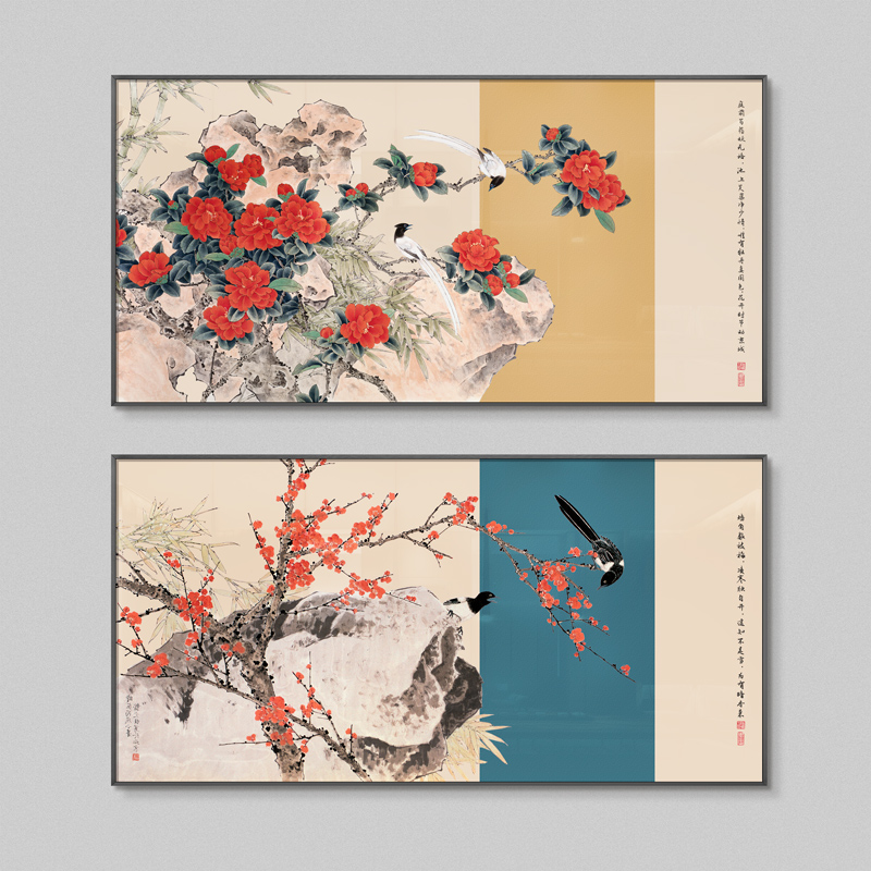 富贵牡丹花挂画 客厅沙发背景墙壁画餐厅卧室床头横幅花鸟装饰画