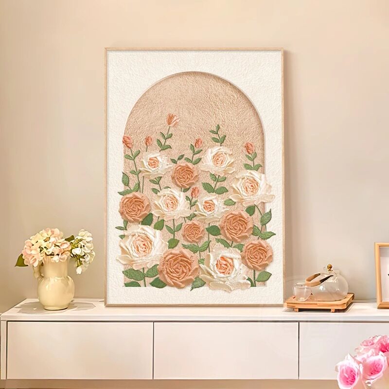 奶油风客厅沙发背景墙装饰画玫瑰肌理卧室挂画斗柜摆画