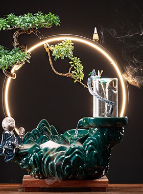 新款高山流水喷泉陶瓷客厅玄关雾化加湿器招财倒流香业礼品