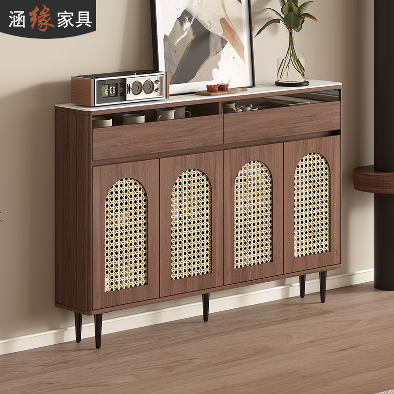 中古风仿藤编餐边柜薄款窄柜家用客厅靠墙酒柜岩板茶水柜子7G