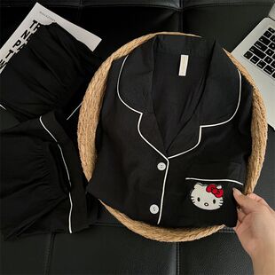 云朵棉睡衣女三件套夏季薄款黑色凯蒂猫短袖短裤长袖家居服套装