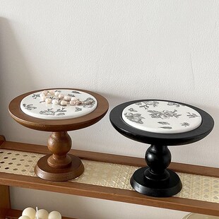 糖小姐法式复古高脚盘中古风木质高脚托盘陶瓷收纳摆件