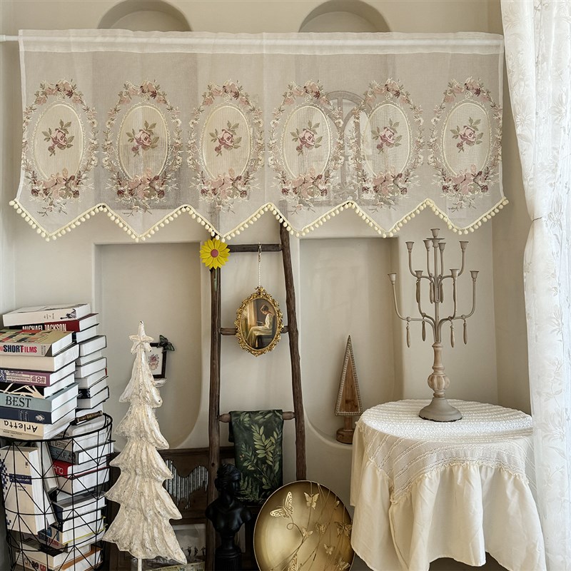 凡尔赛玫瑰法式宫廷复古窗帘半帘门帘免打孔穿杆挂W钩魔术贴帘头