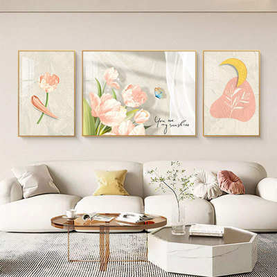 奶油风客厅装饰画花卉牡丹郁金香三联画现代简约沙发背景墙挂画