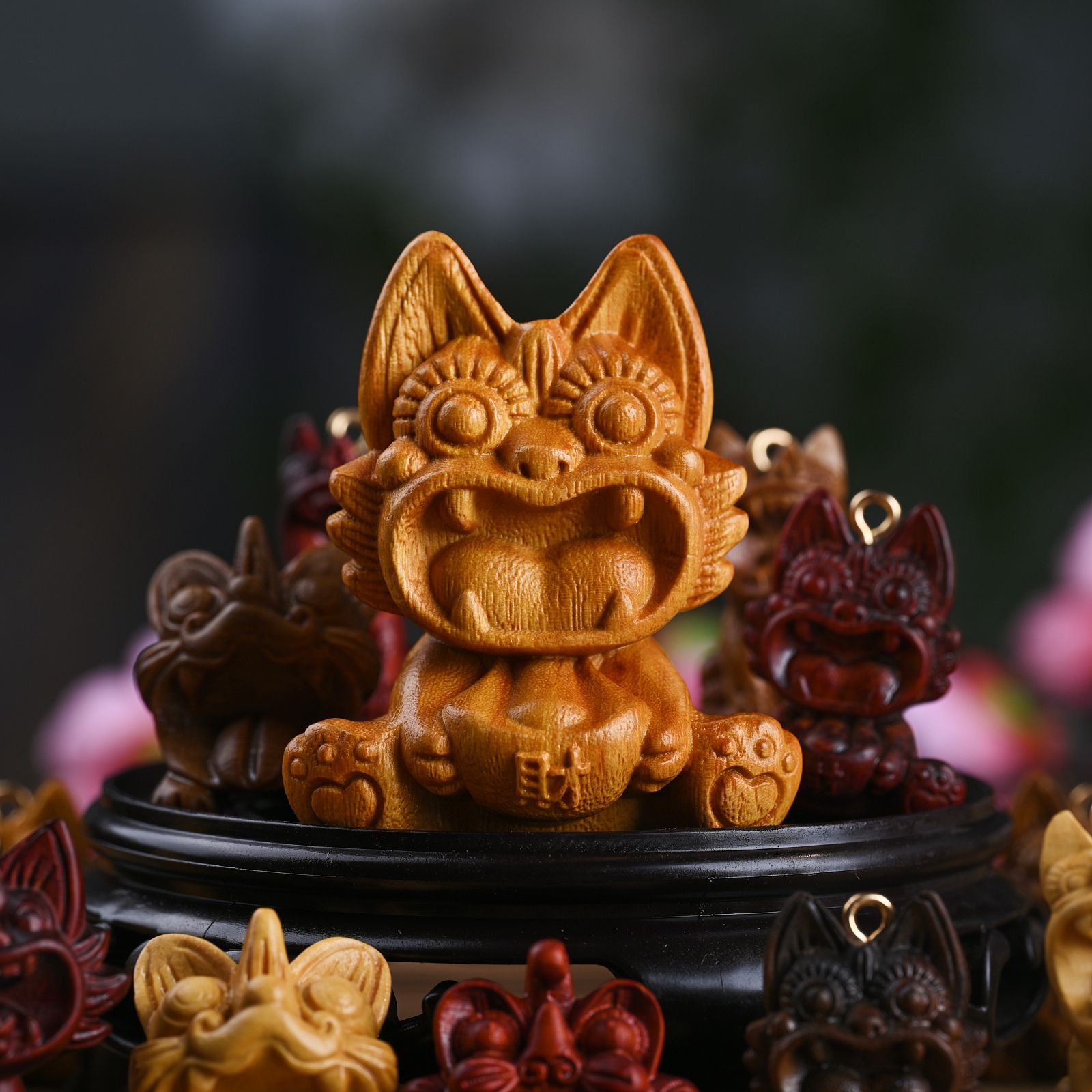 檀香木卡通趣味吉祥瓦猫配饰项链