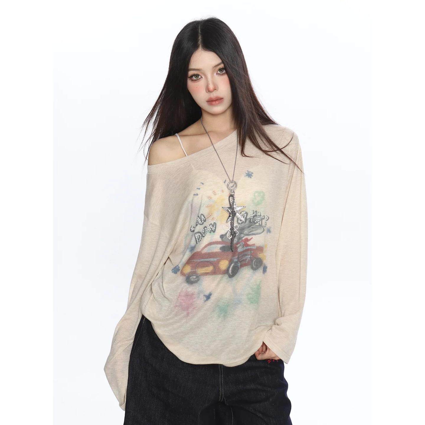 慵懒风汽车涂鸦长袖T恤罩衫女夏季显瘦休闲薄款防晒衫上衣