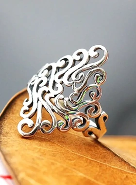 韩版S925银时尚笑脸链条戒指女复古嘻哈绳结羽毛镂空开口食指环潮