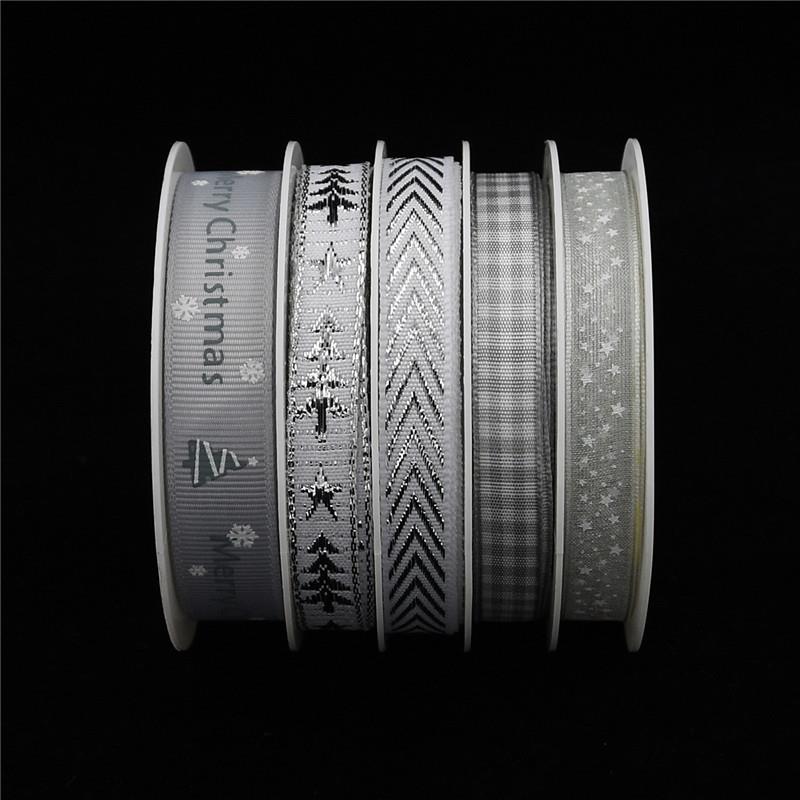 跨境热销圣诞印花五角星丝带色织格子刺绣圣诞树织带银色套装