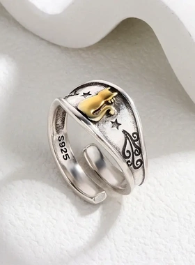 创意个性猫咪戒指日韩男女学生网红时尚设计镀银染黑分色食指手饰