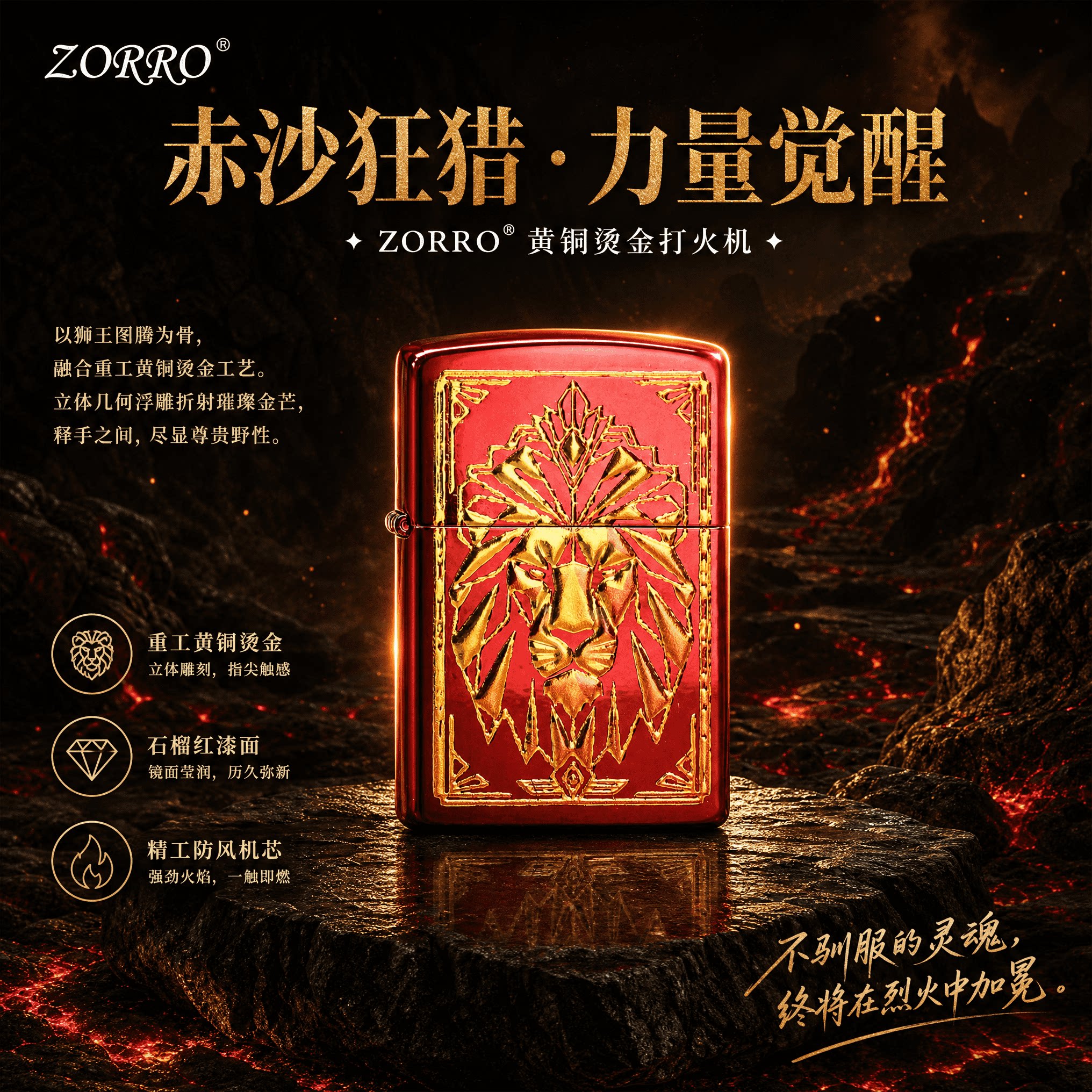 正品ZORRO/佐罗煤油打火机黄铜石榴红狮子烫金个性创意力量狮王