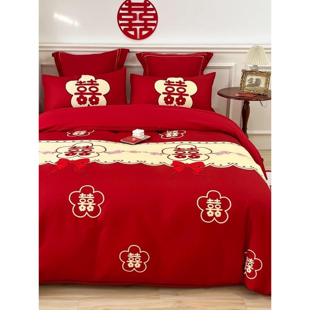简约婚庆四件套大红色红花喜被罩床单笠新结婚房嫁礼床上用品中式