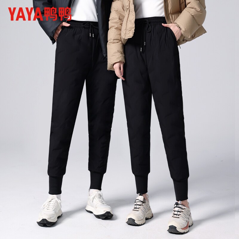 鸭鸭男女同款羽绒裤2025冬季加厚保暖外穿防风时尚运动束脚裤黑色