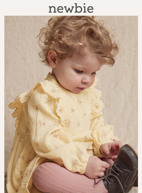 Newbie瑞典进口童装春夏婴儿有机棉浅黄小鸡黄褶边花卉连衣裙裙子