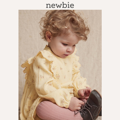 Newbie瑞典进口童装春夏新款婴儿浅黄小鸡黄褶边花卉连衣裙裙子