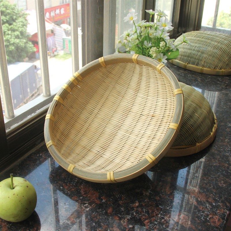 竹编圆筲箕无孔簸箕家用淘米篮朱筛子水果菜蓝 馒头筐 沥水篮包邮