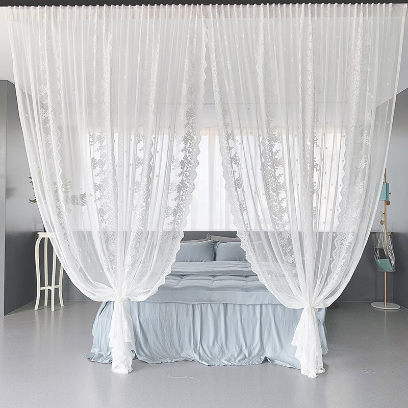 免打孔魔术贴安装窗帘门帘纱帘韩式蕾丝客厅阳台隔断帘网红白纱