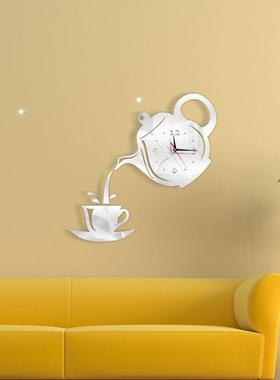 新款直销时尚创意茶壶挂钟DIY亚克力镜面墙贴装饰钟客厅卧室时钟