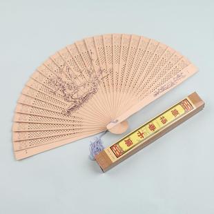 新款 直销高档香木扇7寸纯木扇子印花镂空盒子流苏防檀香扇雕刻log