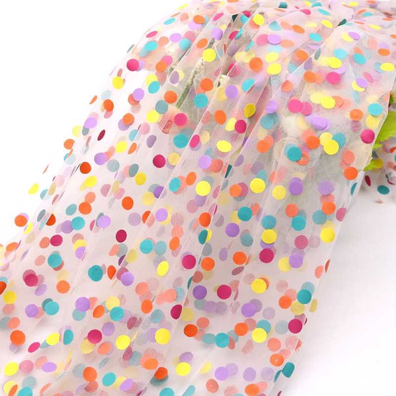 新款直销现货七彩圆点网纱布料彩虹波点胶印印花TUTU连衣裙面料婚