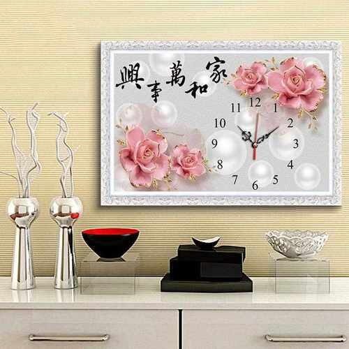 新款直销满钻新款家和万事兴钟表钻石绣新中式客厅挂画贴钻十字绣