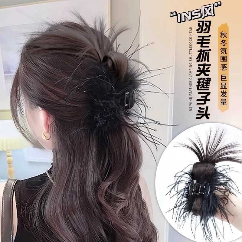 新款直销丸子头假发女半扎鸡毛抓夹毽子头喷泉高马尾头饰纯欲风羽