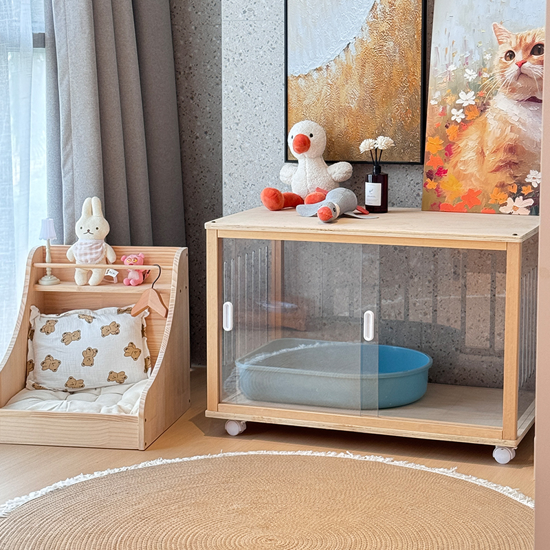 猫砂柜全景实木半封闭可移动