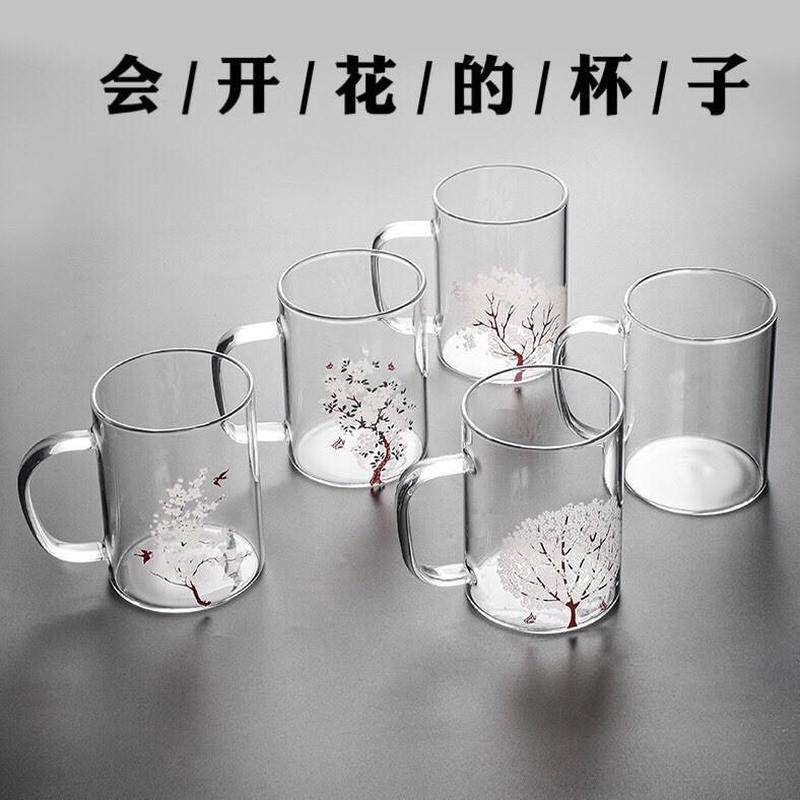 有盖热感变色倒水开花玻璃手把杯恒温垫勺子耐高温办公室防烫无铅