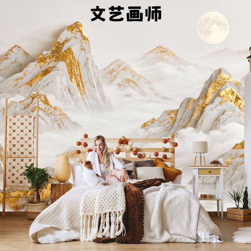 新中式鎏金山水背景墙壁画定制